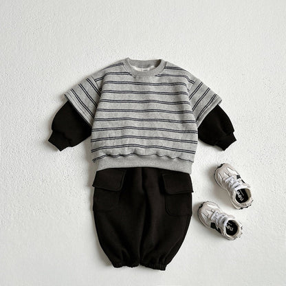 Toddler W25 Warm Stripe Layered Long Sleeve Sweatshirt (1 - 10y) - 2 Colors kids outfit