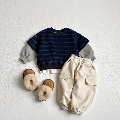 Toddler W25 Warm Stripe Layered Long Sleeve Sweatshirt (1 - 10y) - 2 Colors kids outfit