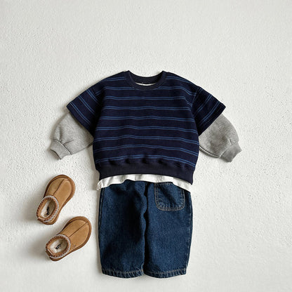 Toddler W25 Warm Stripe Layered Long Sleeve Sweatshirt (1 - 10y) - 2 Colors kids outfit