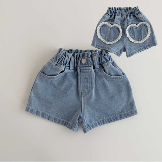Toddler SS26 Lace Heart Pocket Denim Shorts (1-6y) - Denim - AT NOON STORE