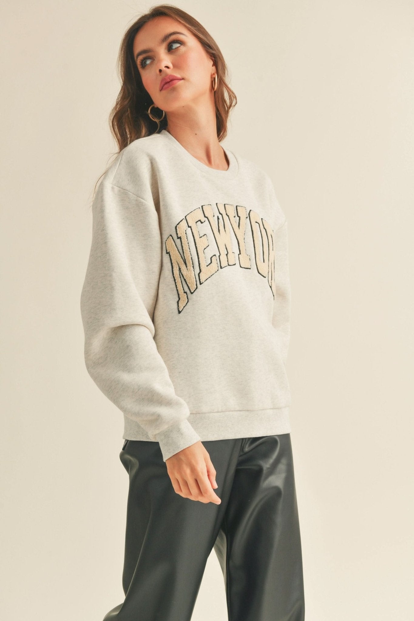 Women Chenille Embroidered Letter Patch Sweater - NewYork kids outfit