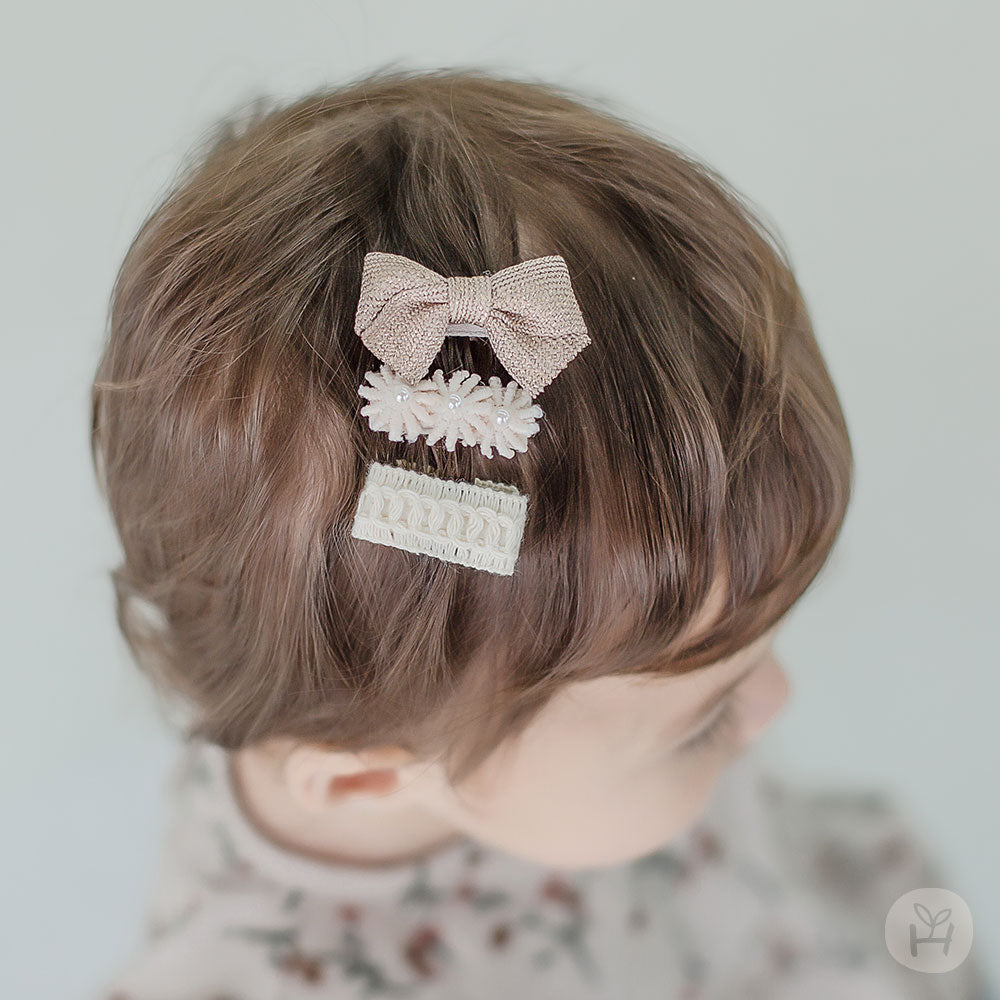 Baby Pearl Flower, Bow , Crochet Hair Clip Set (3pk) - AT NOON STORE