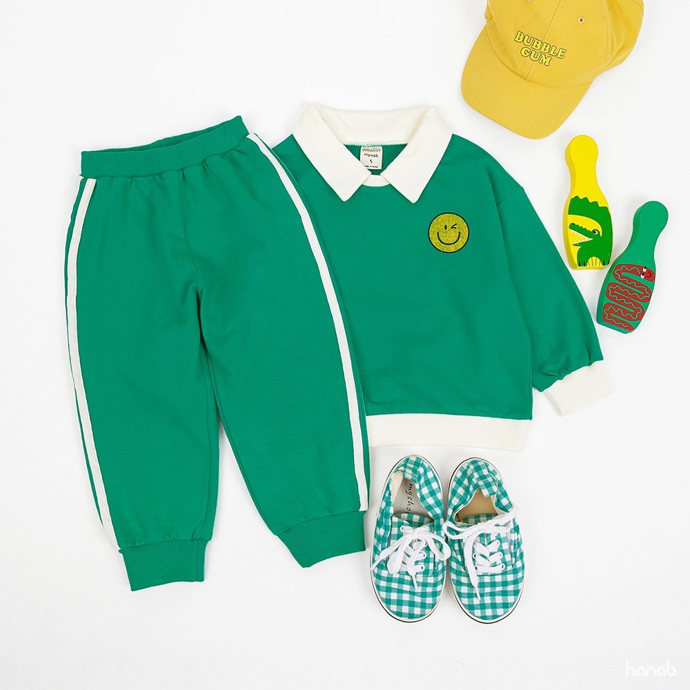 Toddler Collared Smiley Face Sweatshirt and Jogger Pants Set (15m-5y)- Green - AT NOON STORE