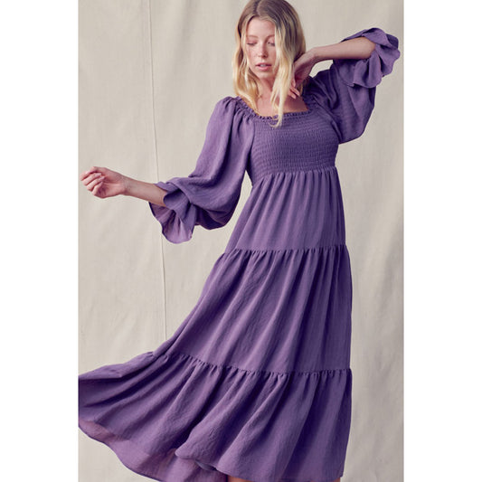 Smocked Bodice 3/4 Sleeve Dress (Mama) - Purple - AT NOON STORE