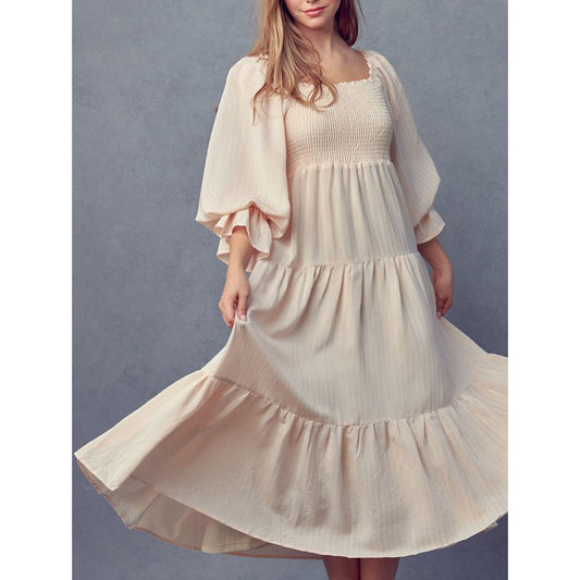 Smocked Bodice 3/4 Sleeve Dress (Mama) - Cream - AT NOON STORE