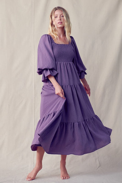 Smocked Bodice 3/4 Sleeve Dress (Mama) - Purple - AT NOON STORE
