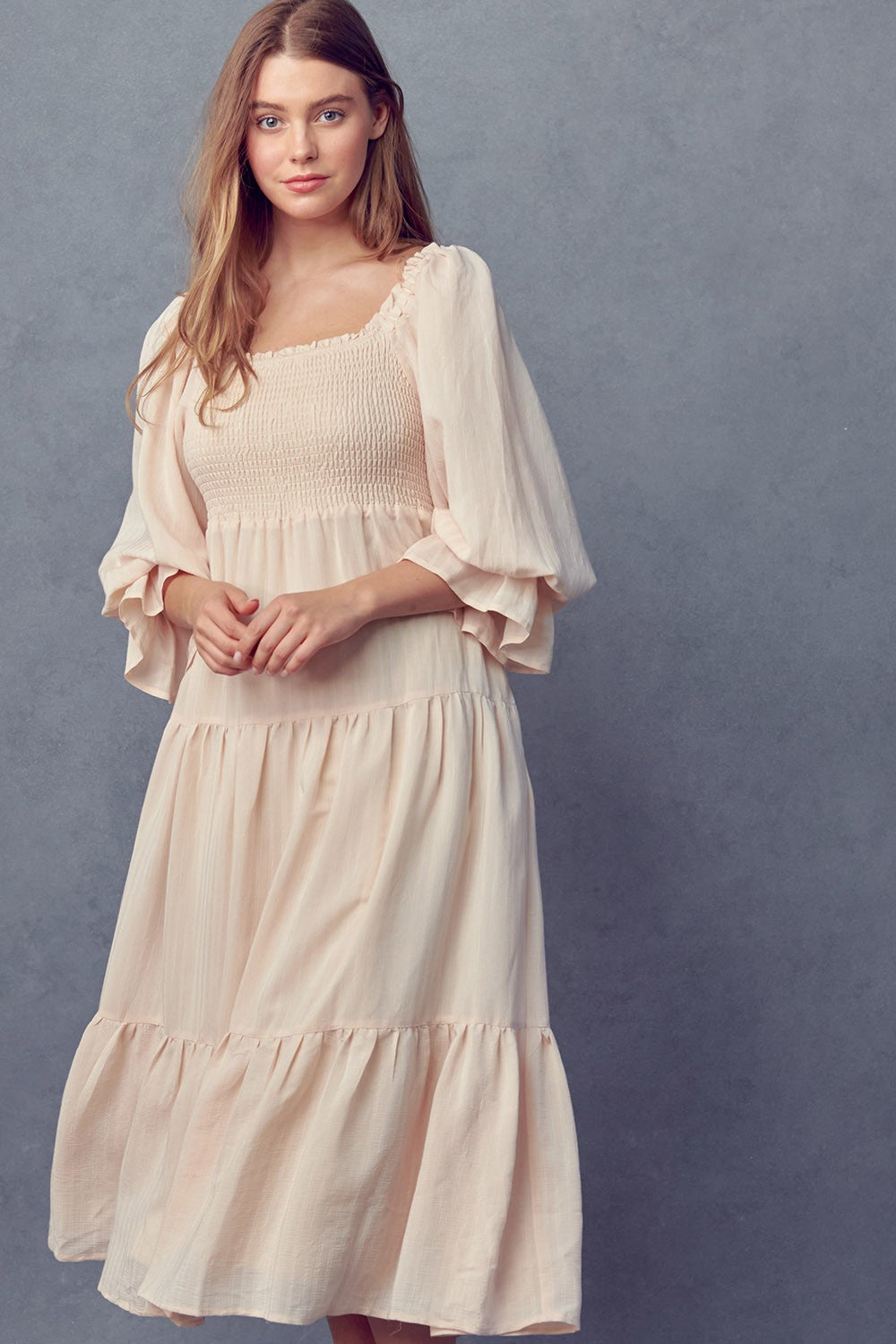 Smocked Bodice 3/4 Sleeve Dress (Mama) - Cream - AT NOON STORE