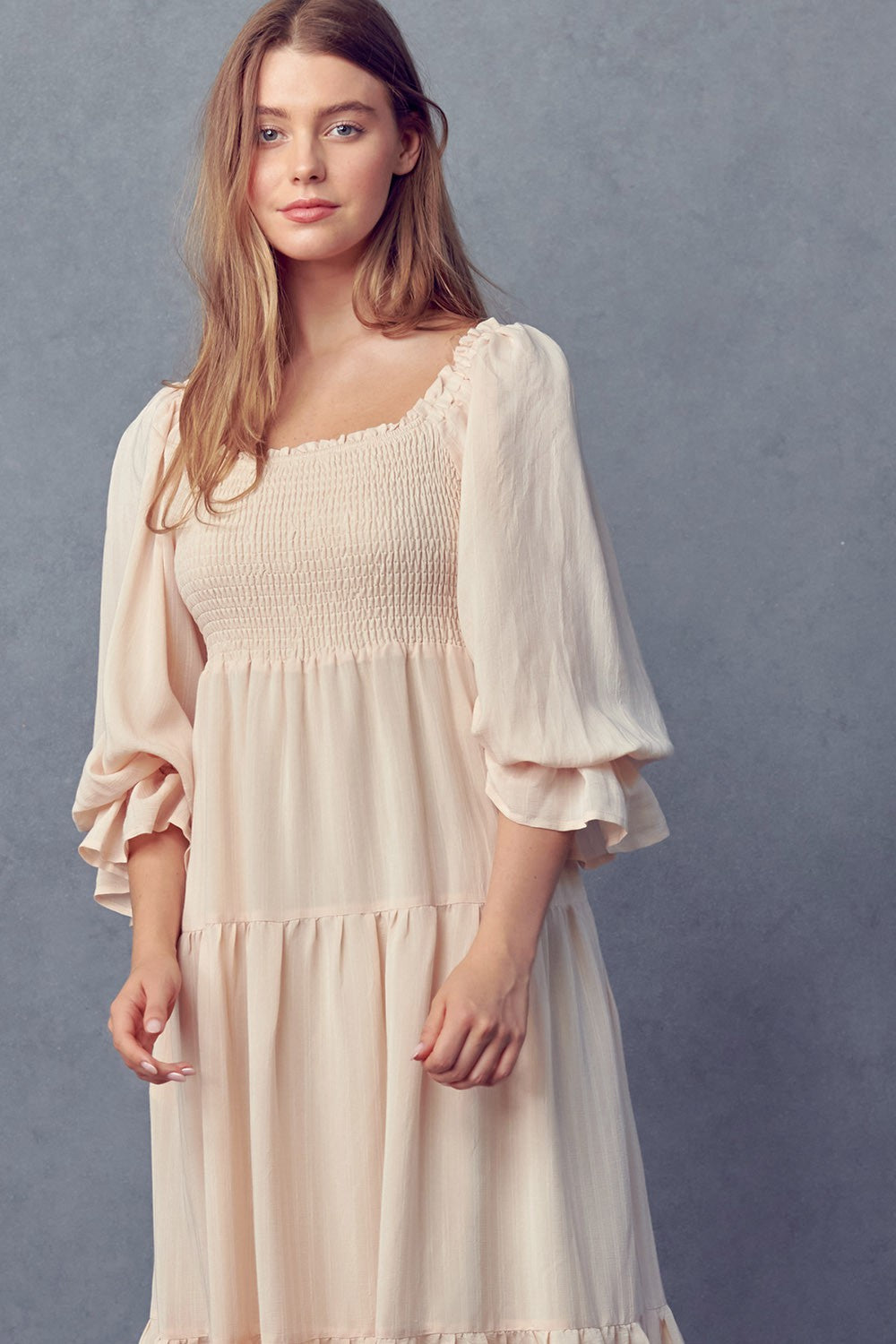 Smocked Bodice 3/4 Sleeve Dress (Mama) - Cream - AT NOON STORE