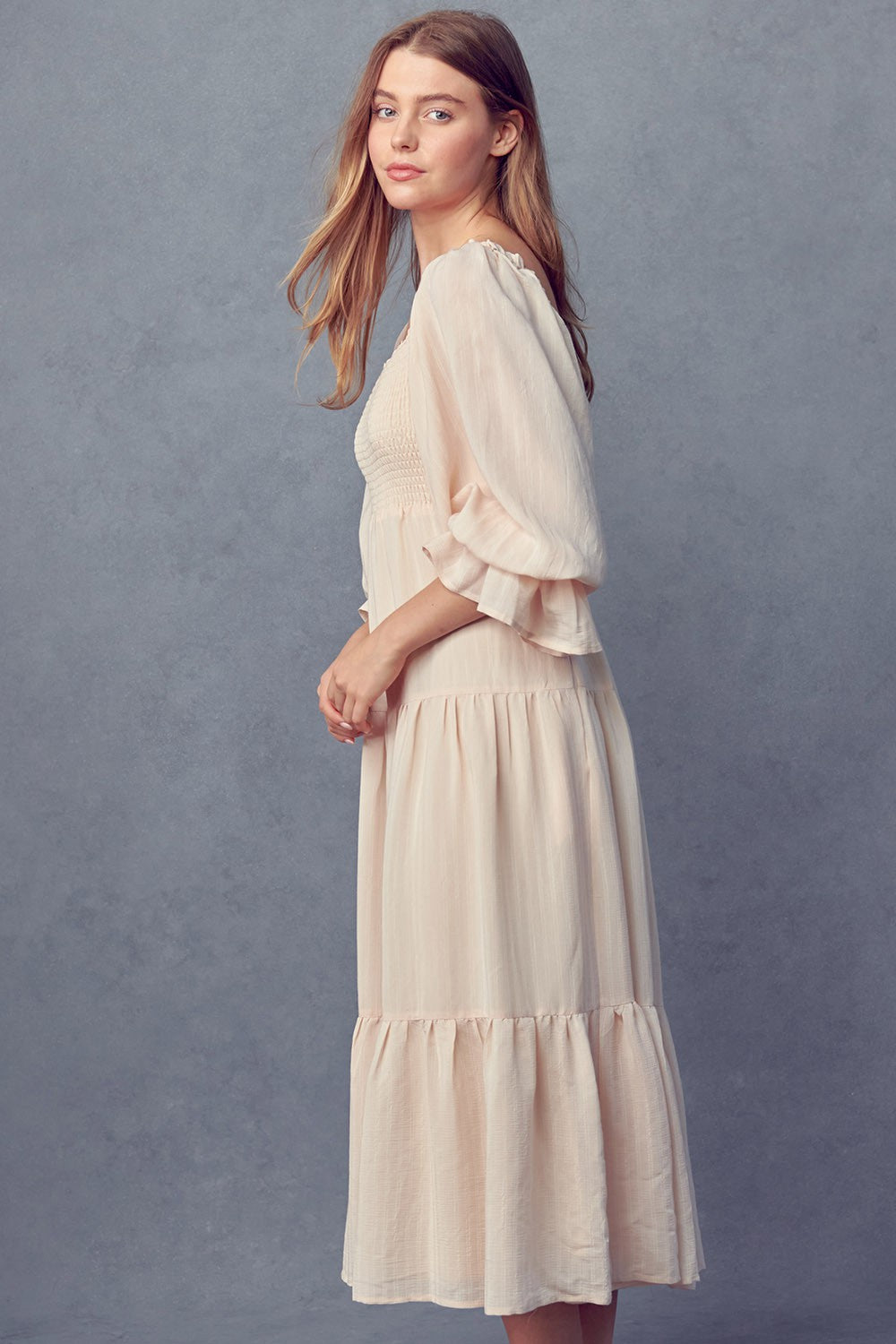 Smocked Bodice 3/4 Sleeve Dress (Mama) - Cream - AT NOON STORE