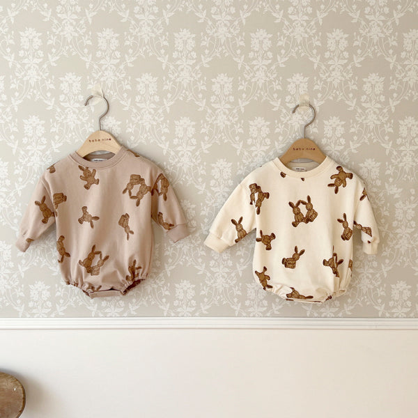 Baby Bunny Printed Sweatshirt Romper (3-18m) - Beige - AT NOON STORE