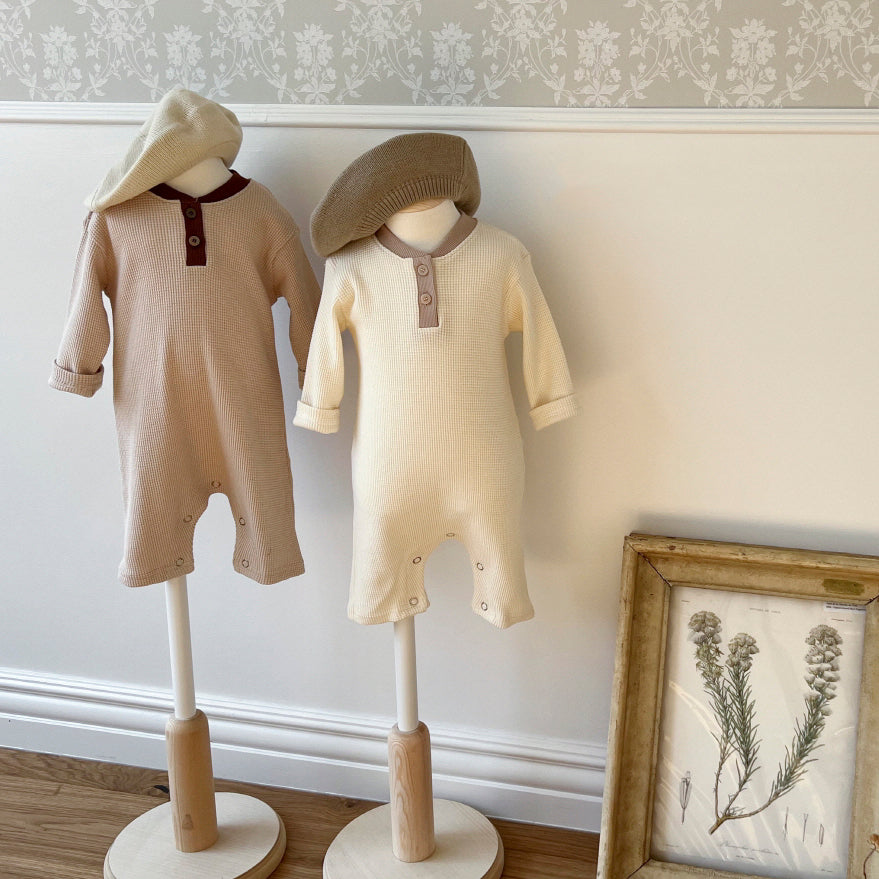Baby Nine Long Sleeve Waffle Jumpsuit (0-18m) - Beige - AT NOON STORE