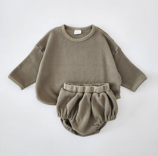 Baby Waffle Cotton Long Tee and Bloomer Set (3-28m) - Olive - AT NOON STORE