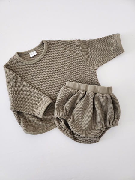 Baby Waffle Cotton Long Tee and Bloomer Set (3-28m) - Olive - AT NOON STORE