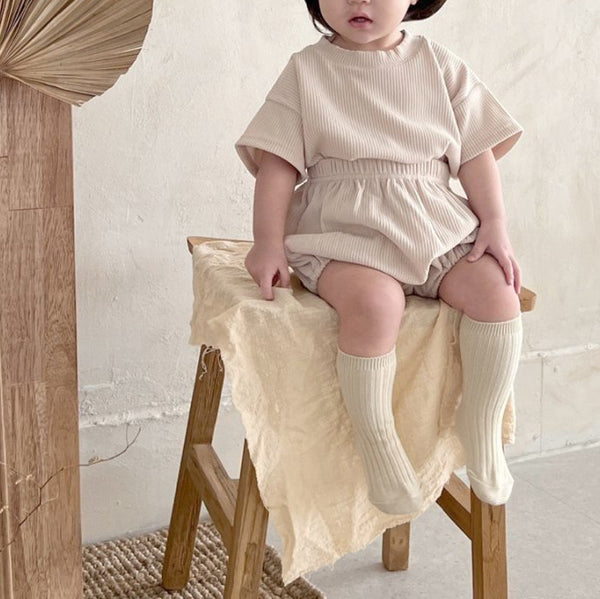 Baby Short-Sleeve Ribbed Top and Bloomer Shorts Set (3-18m) - Beige - AT NOON STORE