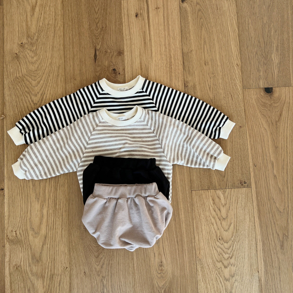 Baby Striped Sweatshirt and Bloomer Shorts Set (6-18m) - Black - AT NOON STORE