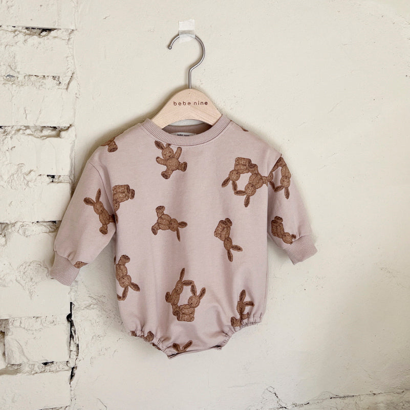 Baby Bunny Printed Sweatshirt Romper (3-18m) - Beige