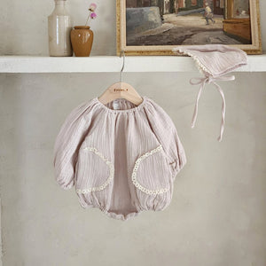 Baby Lace Pocket Bubble Romper and Bonnet Set (3-18m) - Beige