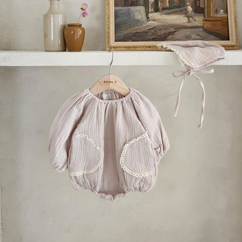 Baby Lace Pocket Bubble Romper and Bonnet Set (13-18m) - Pink Beige