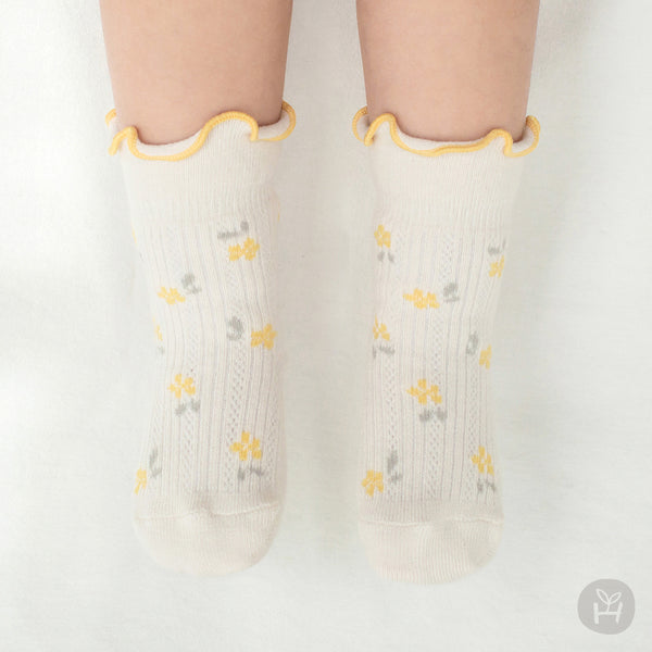 Baby Toddler Floral Lettuce Edge Socks (0-4T) - Yellow Floral