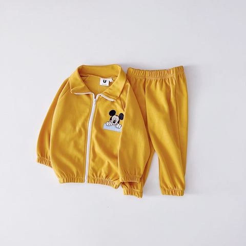 Toddler Mickey Embroidered Zip-Up Jacket and Jogger Pants Set (1-5y) - Yellow - AT NOON STORE