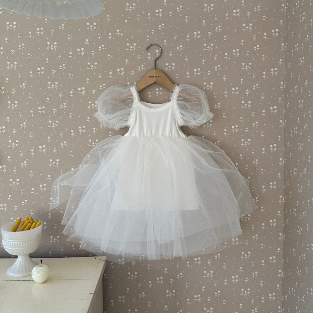 Girls Monbebe Short-Puff Sleeved Tutu Dress(1-4y) - Ivory - AT NOON STORE