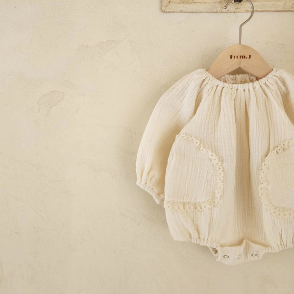 Baby Lace Pocket Bubble Romper and Bonnet Set (13-18m) - Cream - AT NOON STORE