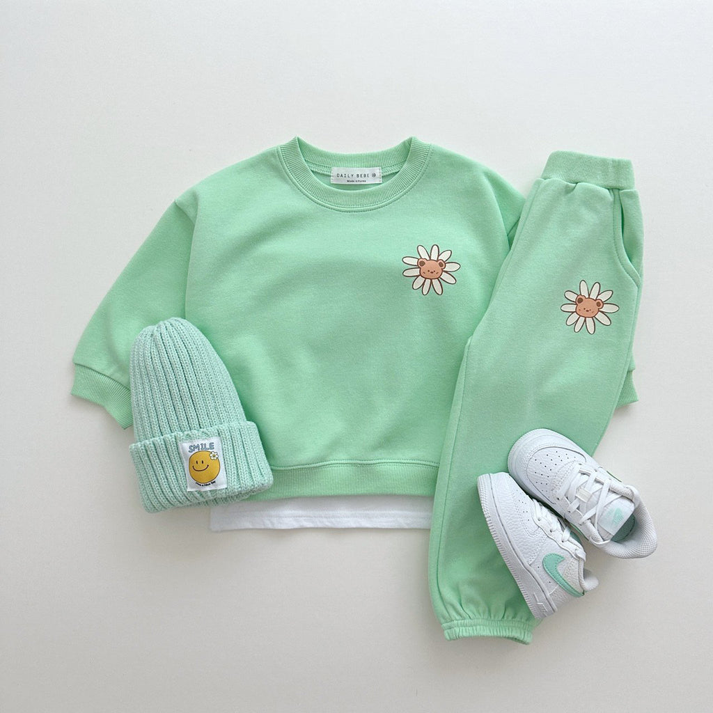 Daily Kids Bear Flower Printed Sweatshirt & Jogger Pants Set (1-5y) - Mint 4-5y(l)