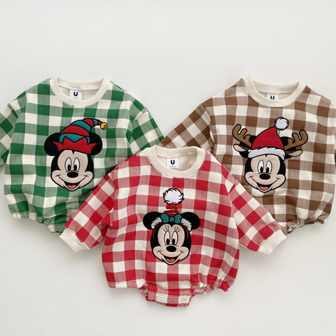 Baby Gingham Mickey/Minnie Sweatshirt Romper (6-24m) - 3 Colors