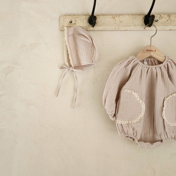 Baby Lace Pocket Bubble Romper and Bonnet Set (13-18m) - Pink Beige - AT NOON STORE
