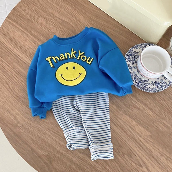 Baby Thank You Sweatshirt & Striped Leggings Set (4m-18m) - Blue - AT NOON STORE