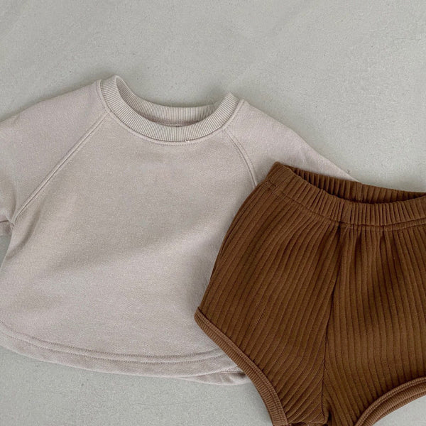 Baby Raglan Sweatshirt and Ribbed Bloomer Shorts Set - Brown Set
