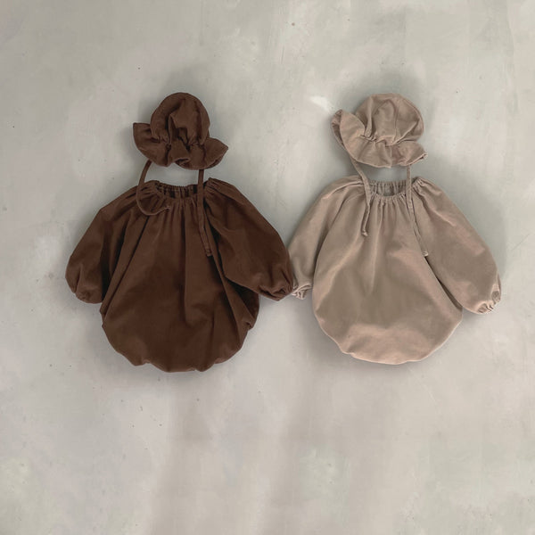 Baby Bella Corduroy Long-Sleeve Bubble Romper and Bucket Hat Set(3-18m) -Brown - AT NOON STORE