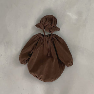 Baby Bella Corduroy Long-Sleeve Bubble Romper and Bucket Hat Set(3-18m) -Brown - AT NOON STORE