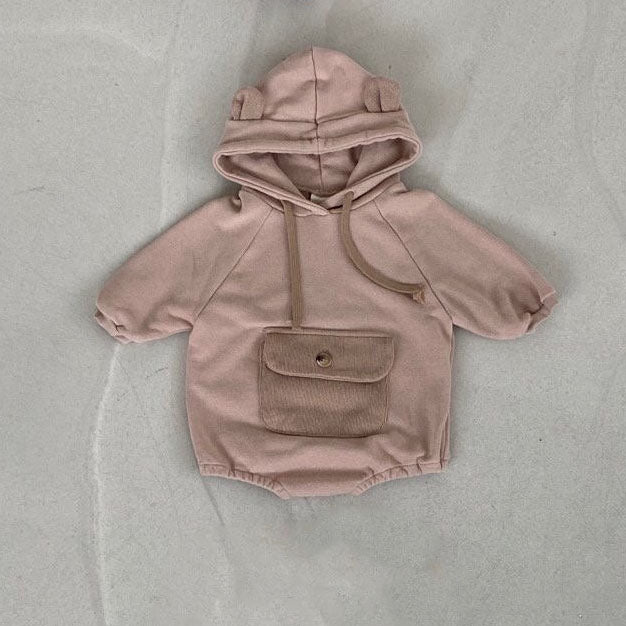 Baby Big Pocket Hooded Romper (3-18m) - Brown - AT NOON STORE