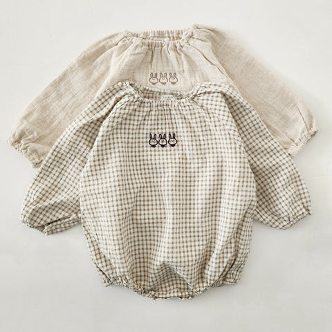 Baby Bunny Embroidery Gauze Cotton Romper (3-18m) - Gingham