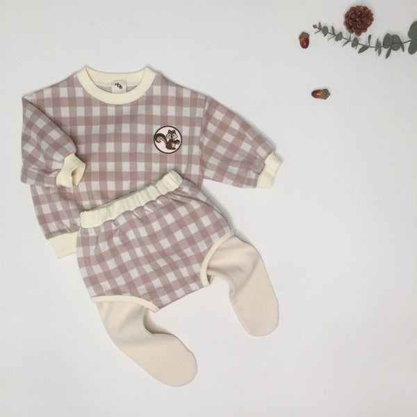 Baby Chipmunk Patch Plaid Sweatshirt and Bloomer Shorts Set (3-24m) - Beige - AT NOON STORE