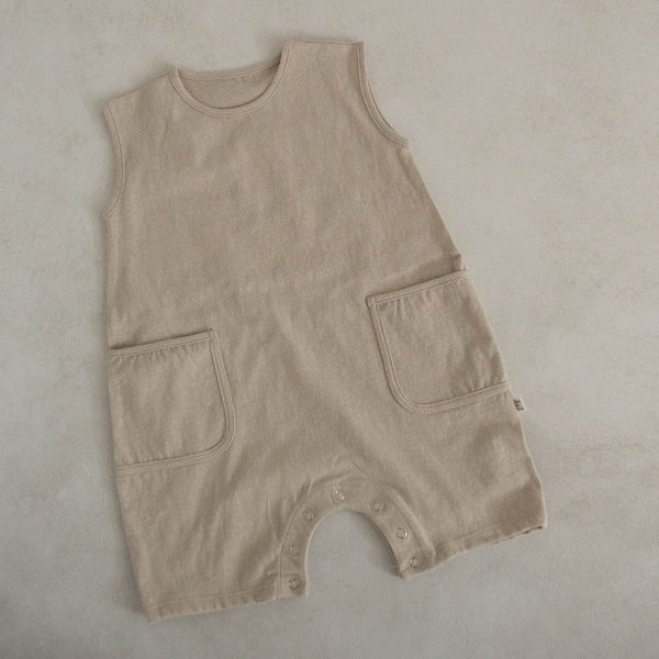 Baby Cotton Sleeveless Pocket Jumpsuit (3-18m)- Beige