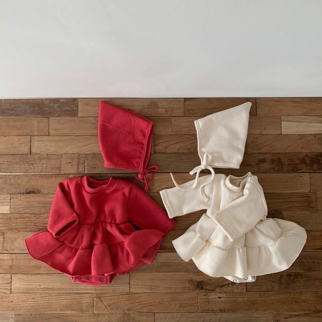 Baby Fleece Lined Christmas Dress Romper and Bonnet Set  (0-24m) - 2 Colors - AT NOON STORE