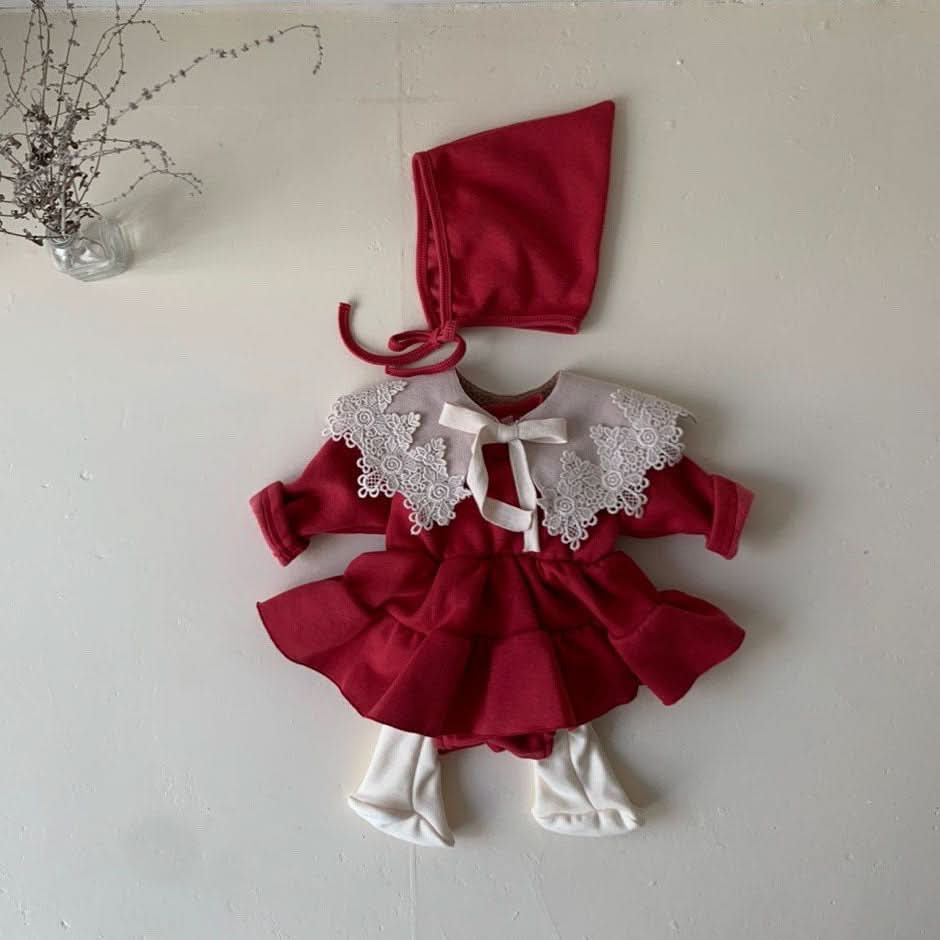Baby Fleece Lined Christmas Dress Romper and Bonnet Set  (0-24m) - 2 Colors - AT NOON STORE