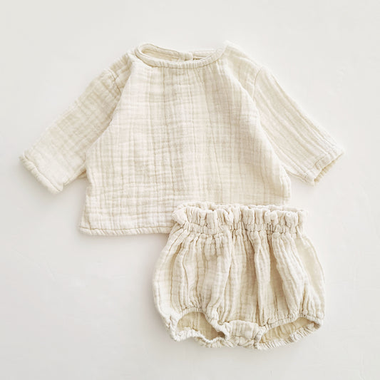 Baby Gauze Cotton Top and Bloomer Shorts Set (12-18m) -Ivory - AT NOON STORE