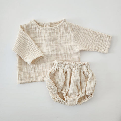 Baby Gauze Cotton Top and Bloomer Shorts Set (6-24m) -Ivory - AT NOON STORE