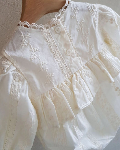 Baby Long Sleeve Embroidery Ruffle Romper(3-15m) - Ivory - AT NOON STORE