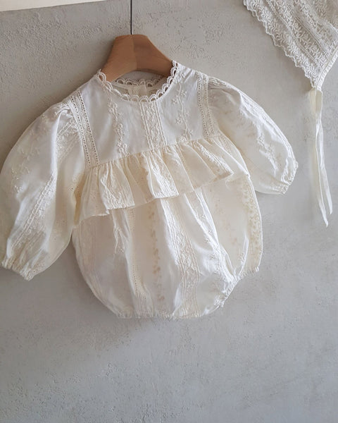 Baby Long Sleeve Embroidery Ruffle Romper(3-15m) - Ivory - AT NOON STORE