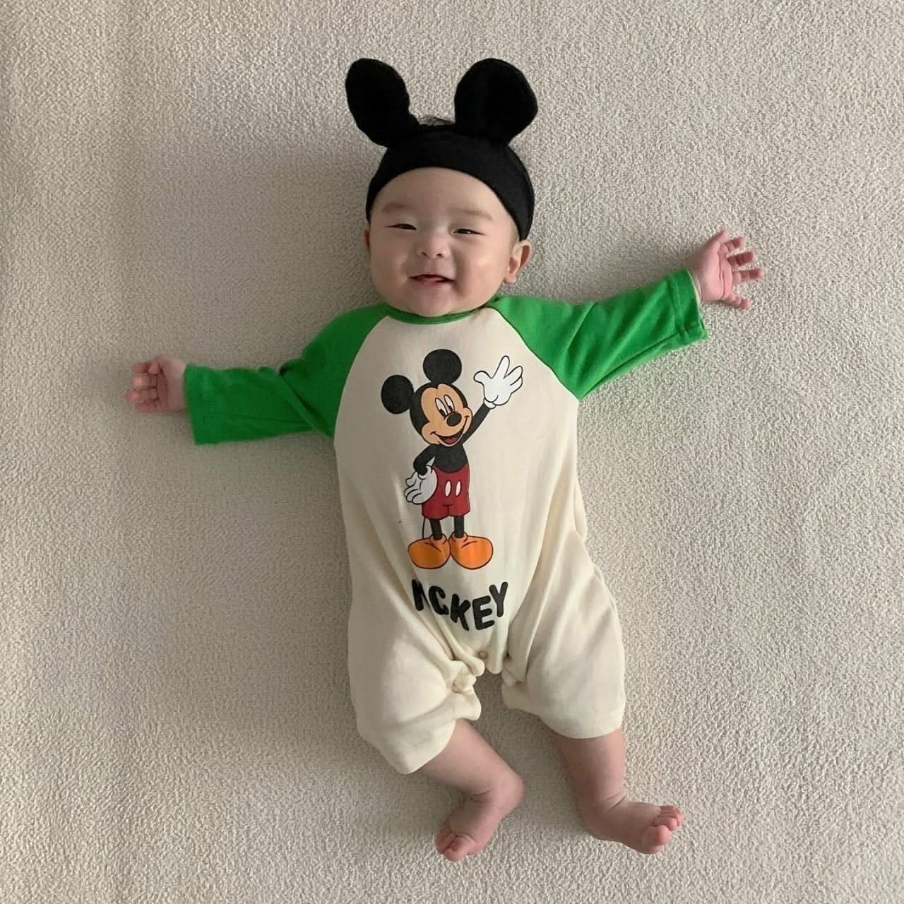 Baby Hi Mickey Mouse Colorblock Jumpsuit and Headband Set 3 12m Green