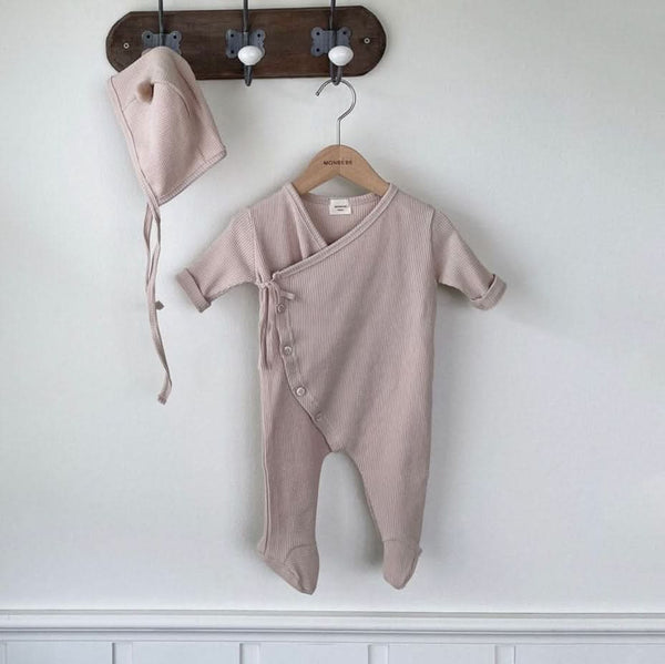 Baby Monbebe Waffle Footed Romper and Pom Pom Bonnet Set (0-6m) - Beige