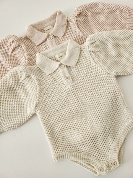 Baby Monbebe Puff Sleeve Sweater Romper (6-24m) - Cream