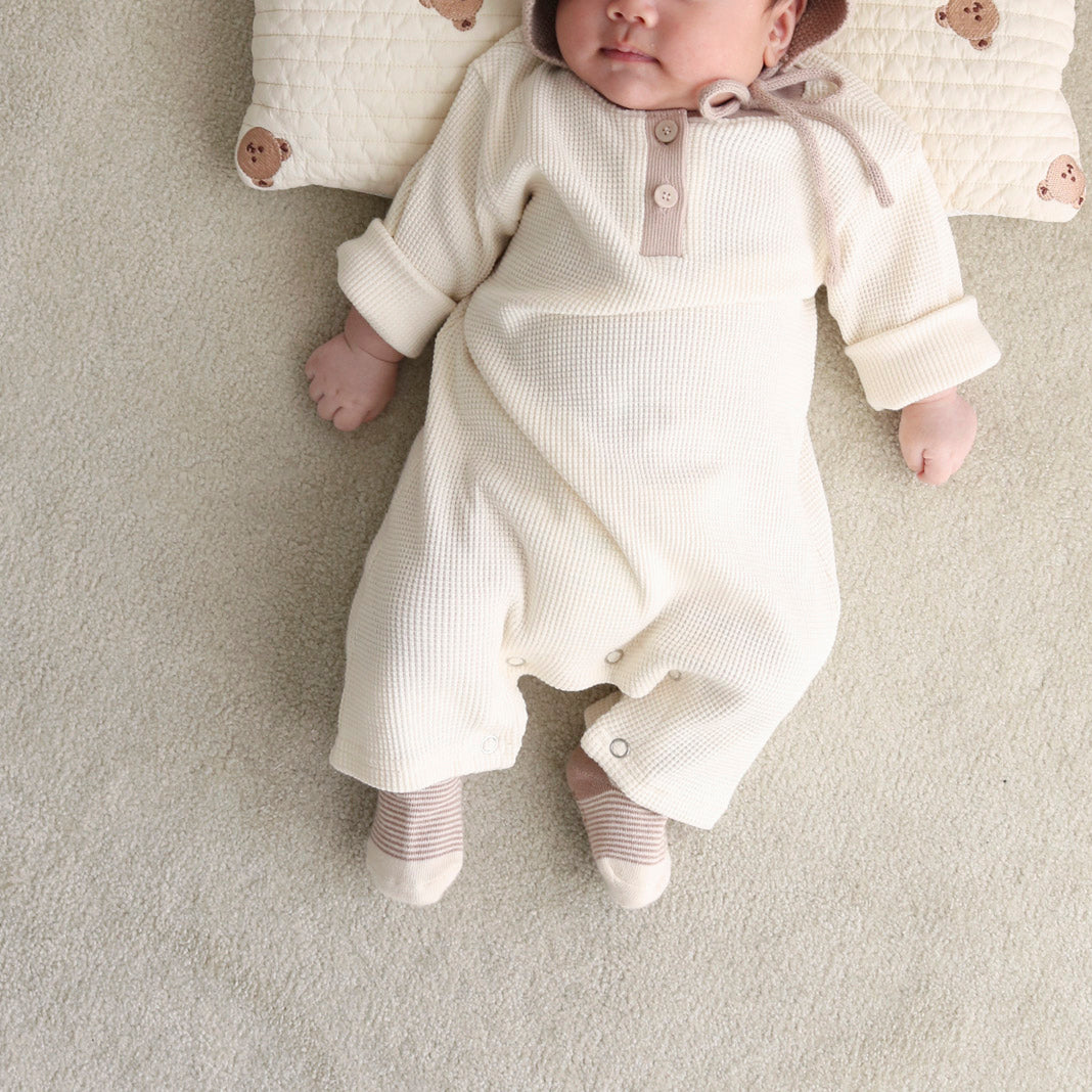 Baby Nine Long Sleeve Waffle Jumpsuit (0-18m) - Ivory - AT NOON STORE
