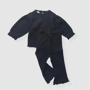 Baby Puff Sleeve Waffle Top and  Flare Pants Set (6-24m) -Black