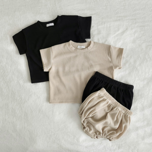 Baby Short-Sleeve Ribbed Top and Bloomer Shorts Set (3-18m) - 2 Colors