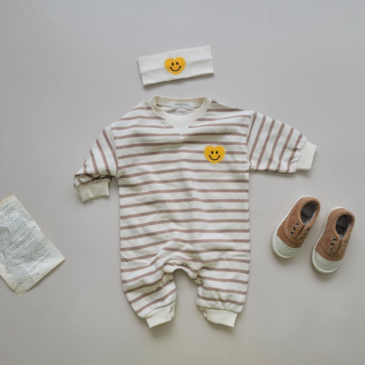 Baby Smiley Heart Patch Striped Jumpsuit and Headband Set (3-12m) - Beige